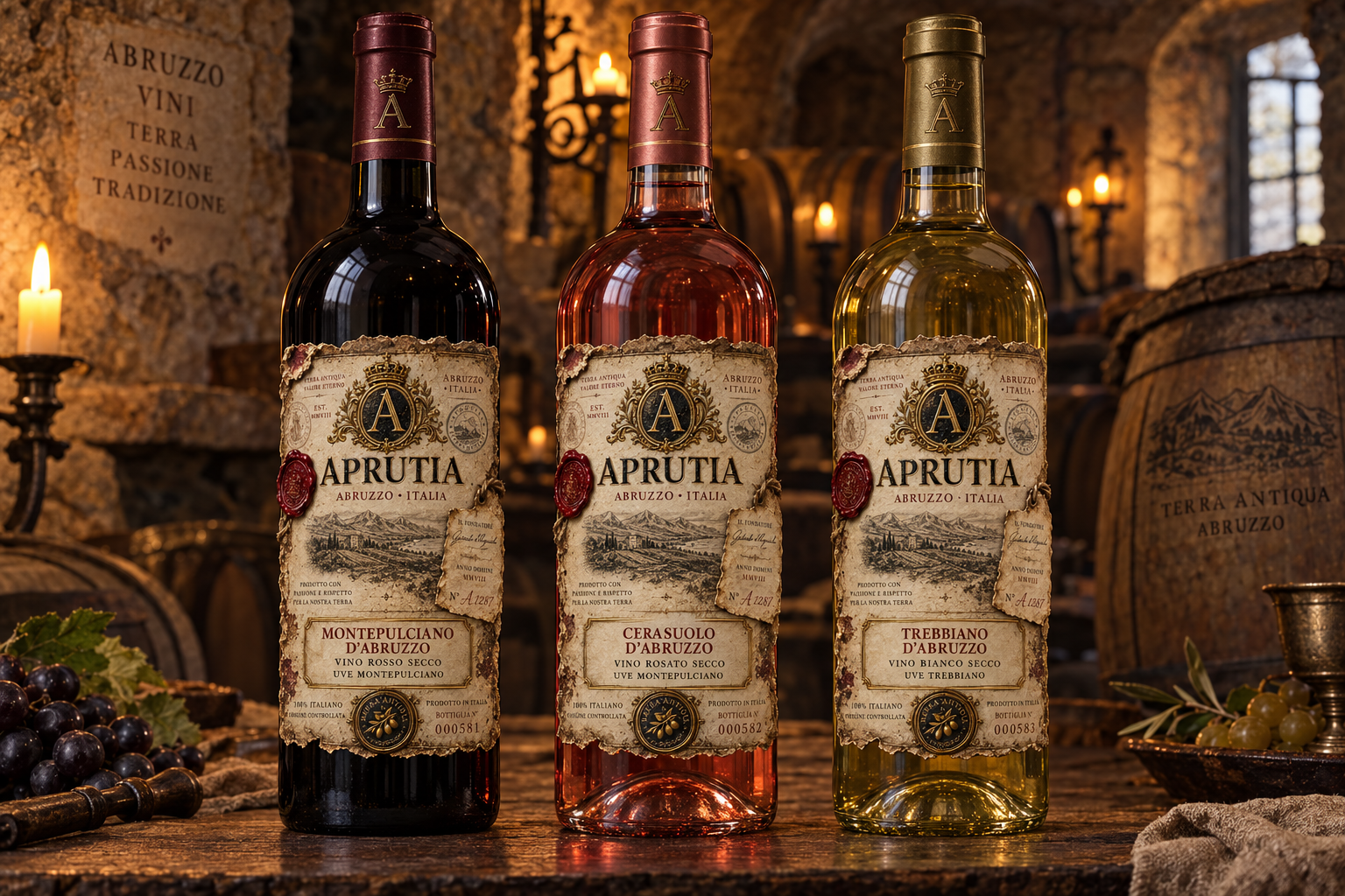 APRUTIA Montepulciano, Cerasuolo and Trebbiano d’Abruzzo bottles